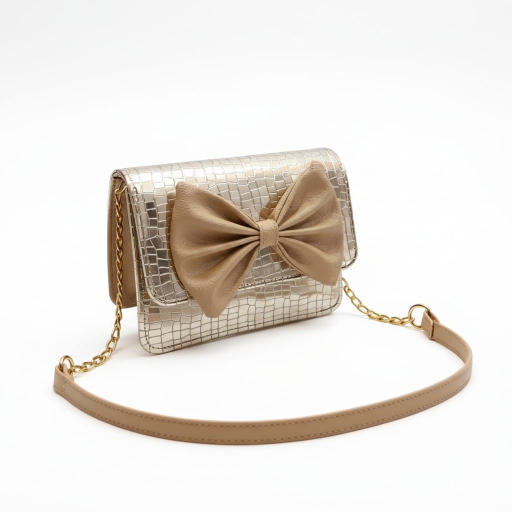 Eleganzo Luxe Bow Crossbody Bag – Premium Party Clutch for Women (Golden / White / Black)