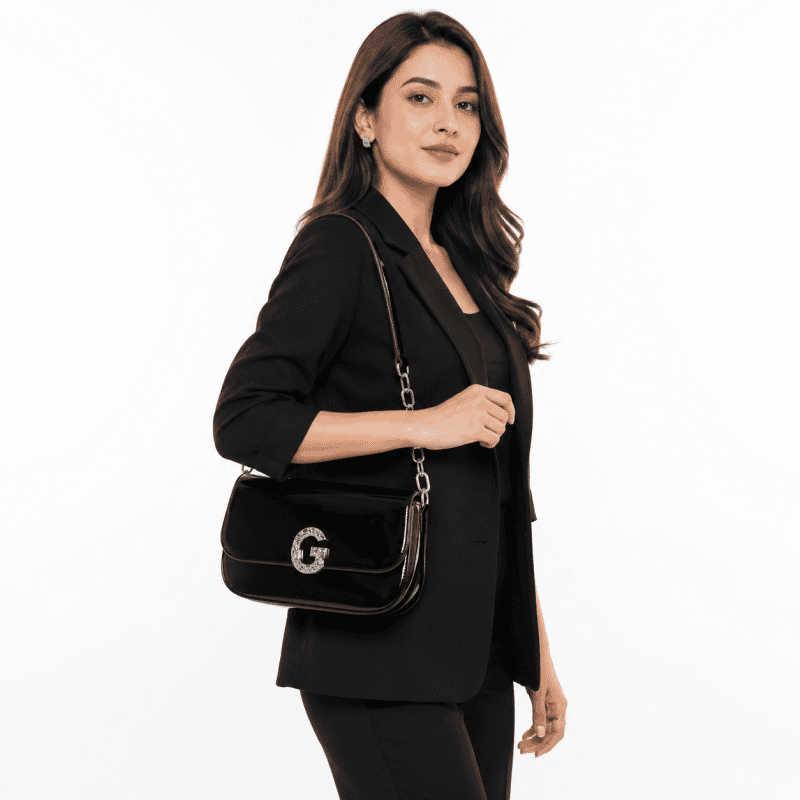 Elegant Crystal G Patent Shoulder Bag –