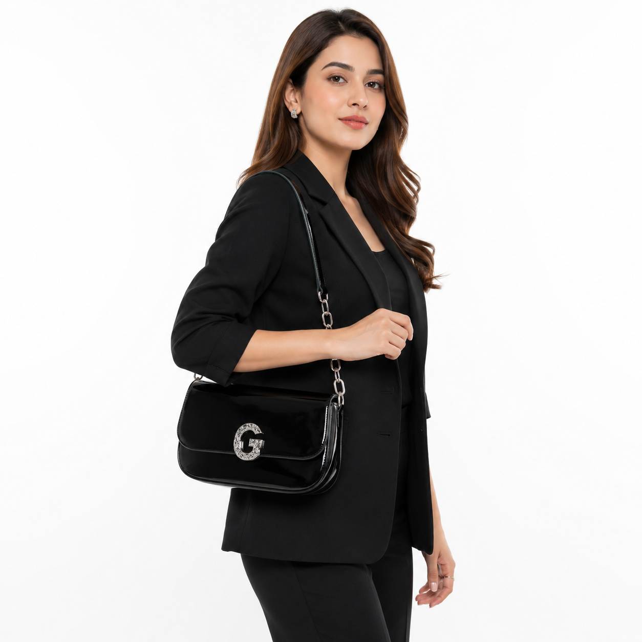 Elegant Crystal G Patent Shoulder Bag –